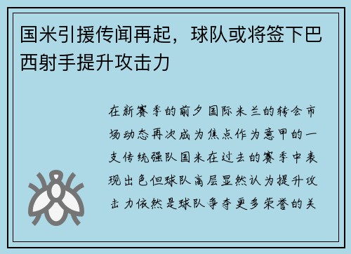 国米引援传闻再起，球队或将签下巴西射手提升攻击力