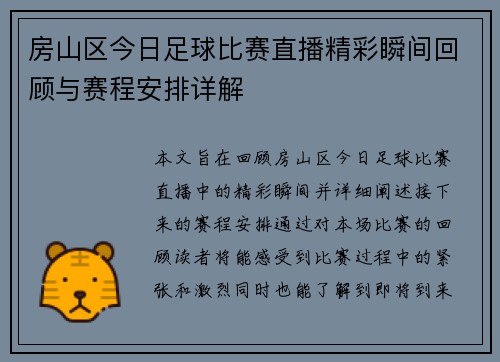 房山区今日足球比赛直播精彩瞬间回顾与赛程安排详解